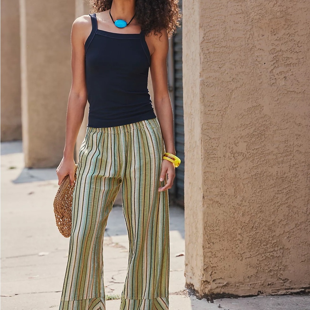 Free People Striped Wide-Leg Pants in Green and Tan